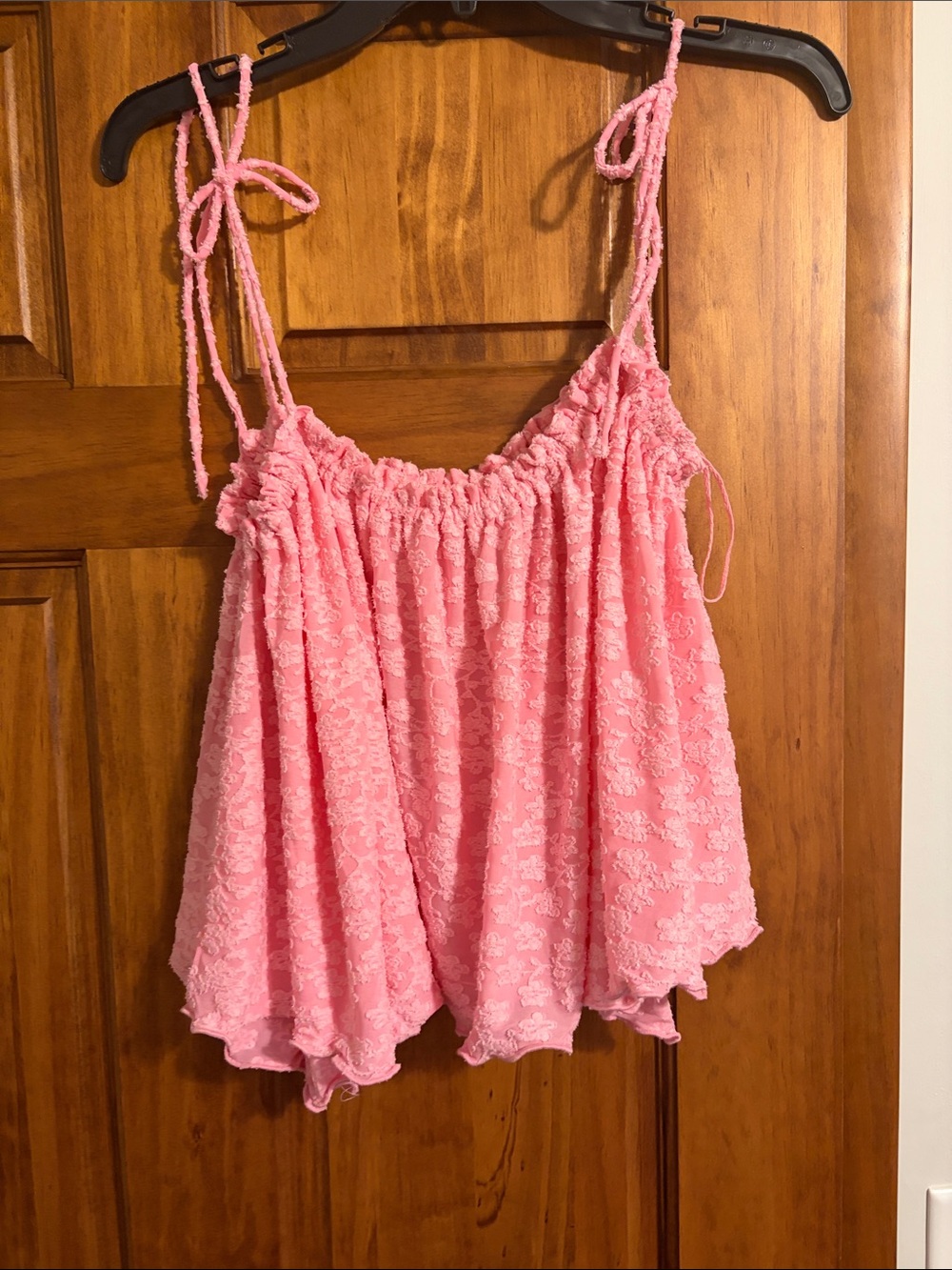 Free People Briana Pink Lace-Textured Tie-Shoulder Tank